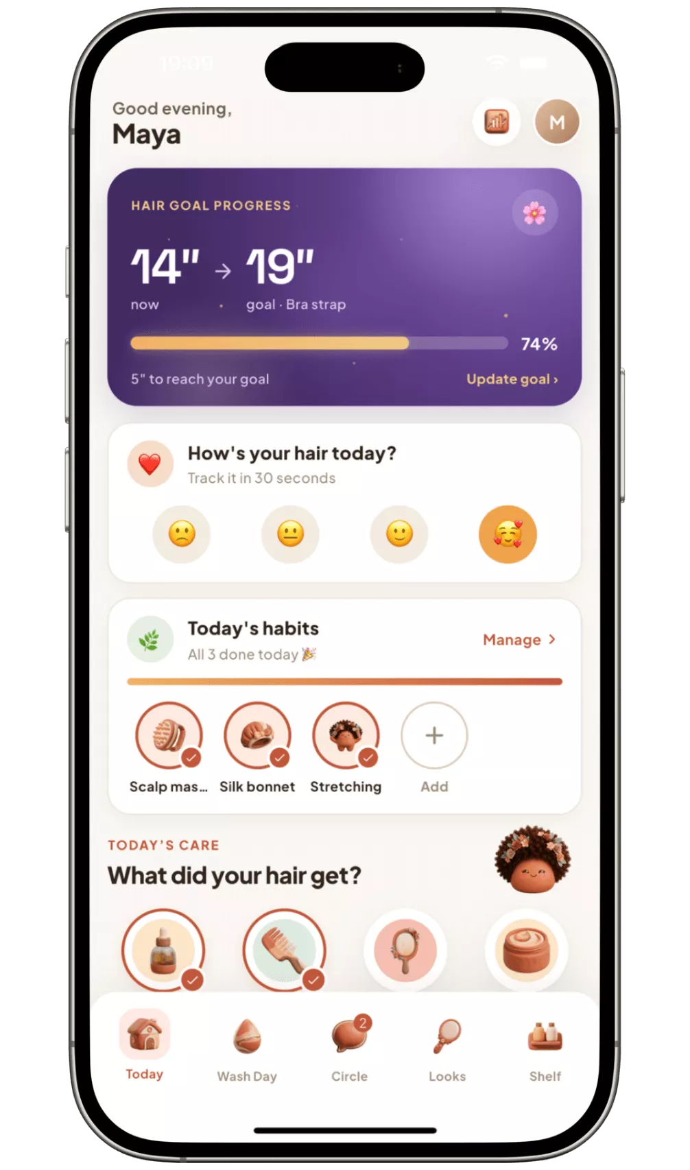 Today screen with a hair goal progress card from 14 inches to 19 inches at 74 percent, plus daily habit tracking.