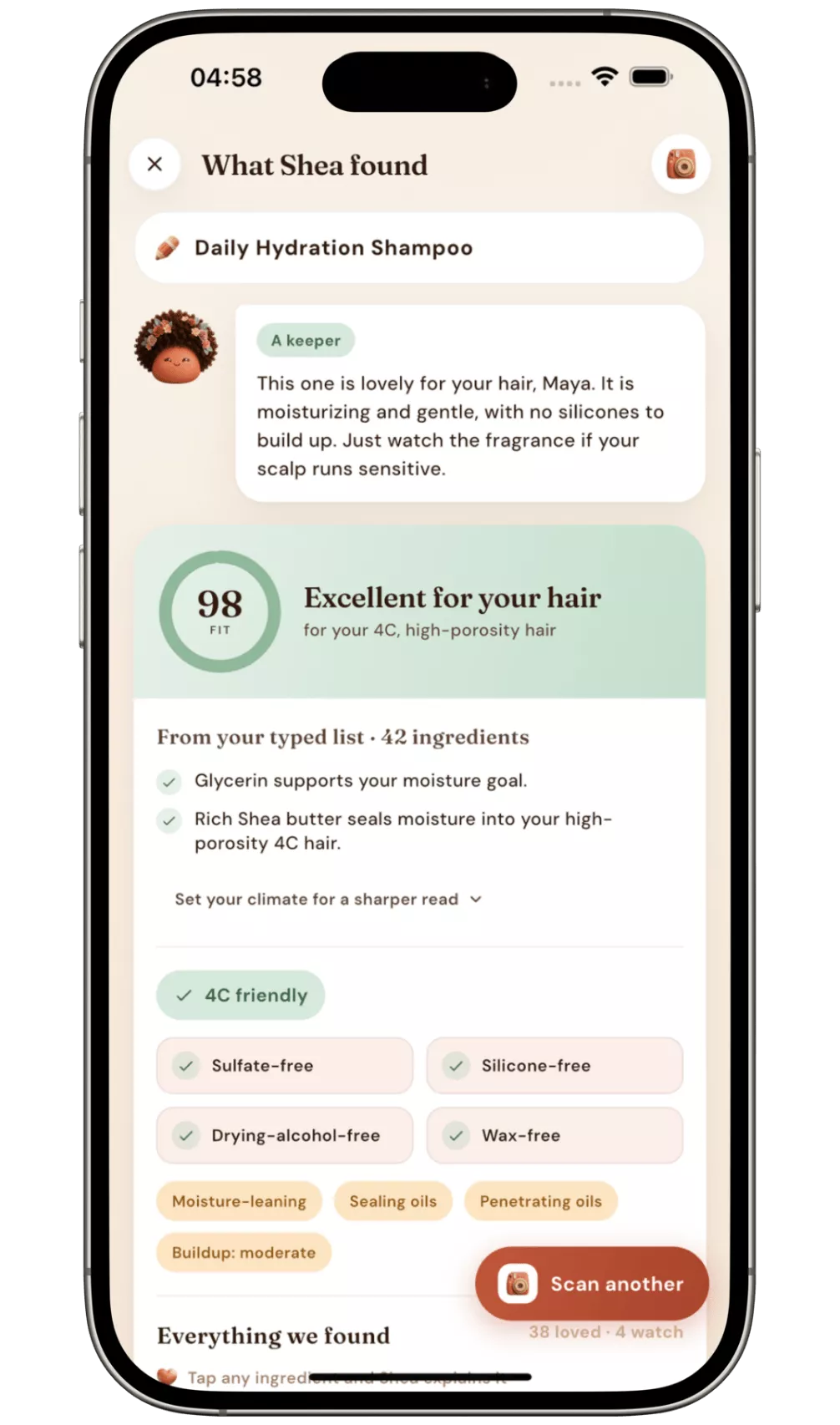 Scanner result: a 98 Fit score reading Excellent for your hair, for 4C high porosity hair, with sulfate-free, silicone-free, drying-alcohol-free and wax-free flags.