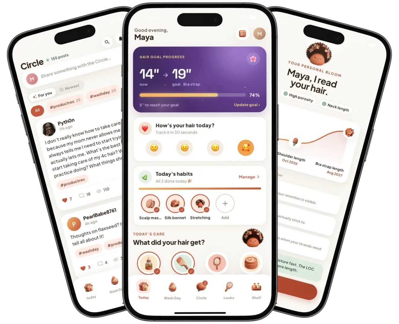 Three phones showing Shea: the Circle community feed, the Today screen with a hair goal of 14 inches to 19 inches at 74 percent, and a personal hair analysis with high porosity and neck length.